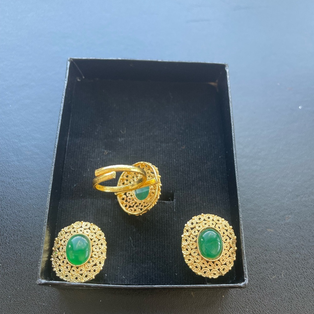 Faux emerald and gold platted earrings and ring set